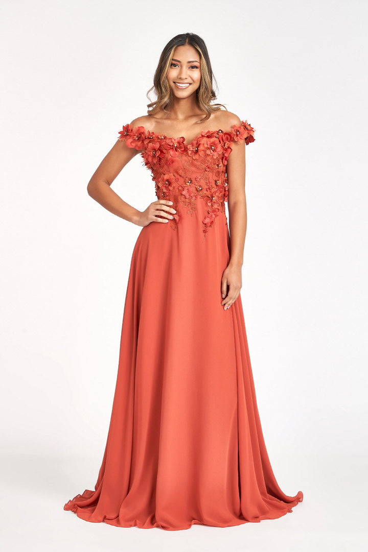 Floral 3D Applique and Embroidery Embellished Bodice A-Line Chiffon Long Prom Dress GLGL3018-0