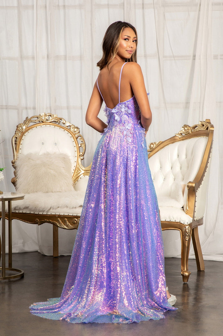 Full Iridescent Sequin V-Neck A-Line /w Leg Slit Long Prom Dress GLGL3027-1