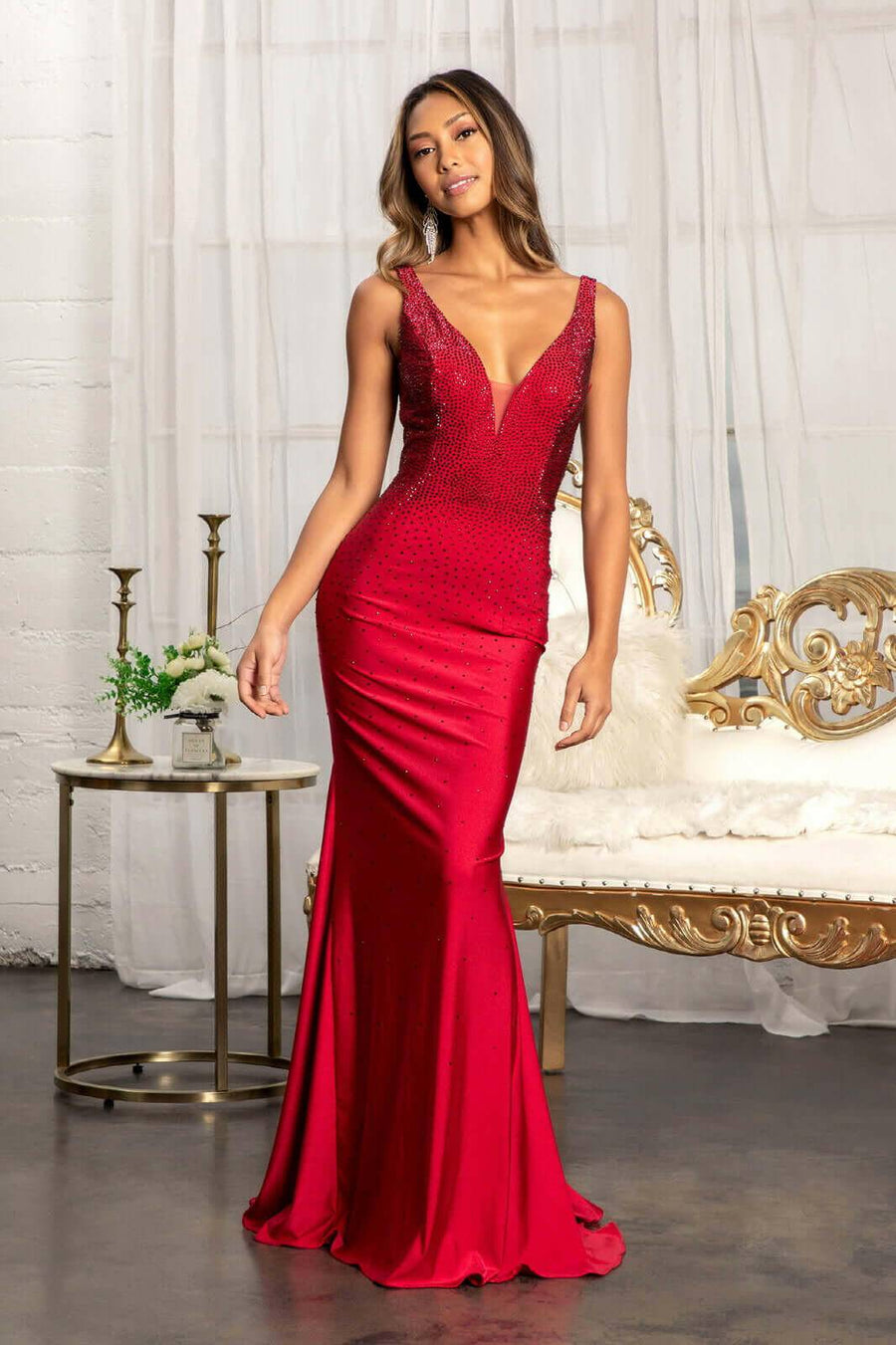 Beads Embellished Jersey Mermaid w/ Open Back and Sheer Sides Long Prom Dress GLGL3037-Shangri-La Fashion