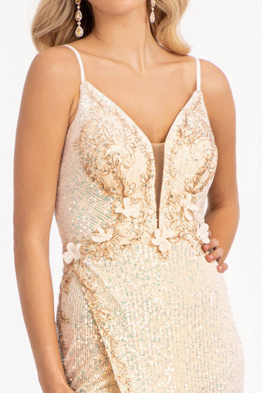 Sequin Embellished Illusion V-neck Mermaid w/ Open V-back Long Prom Dress GLGL3053