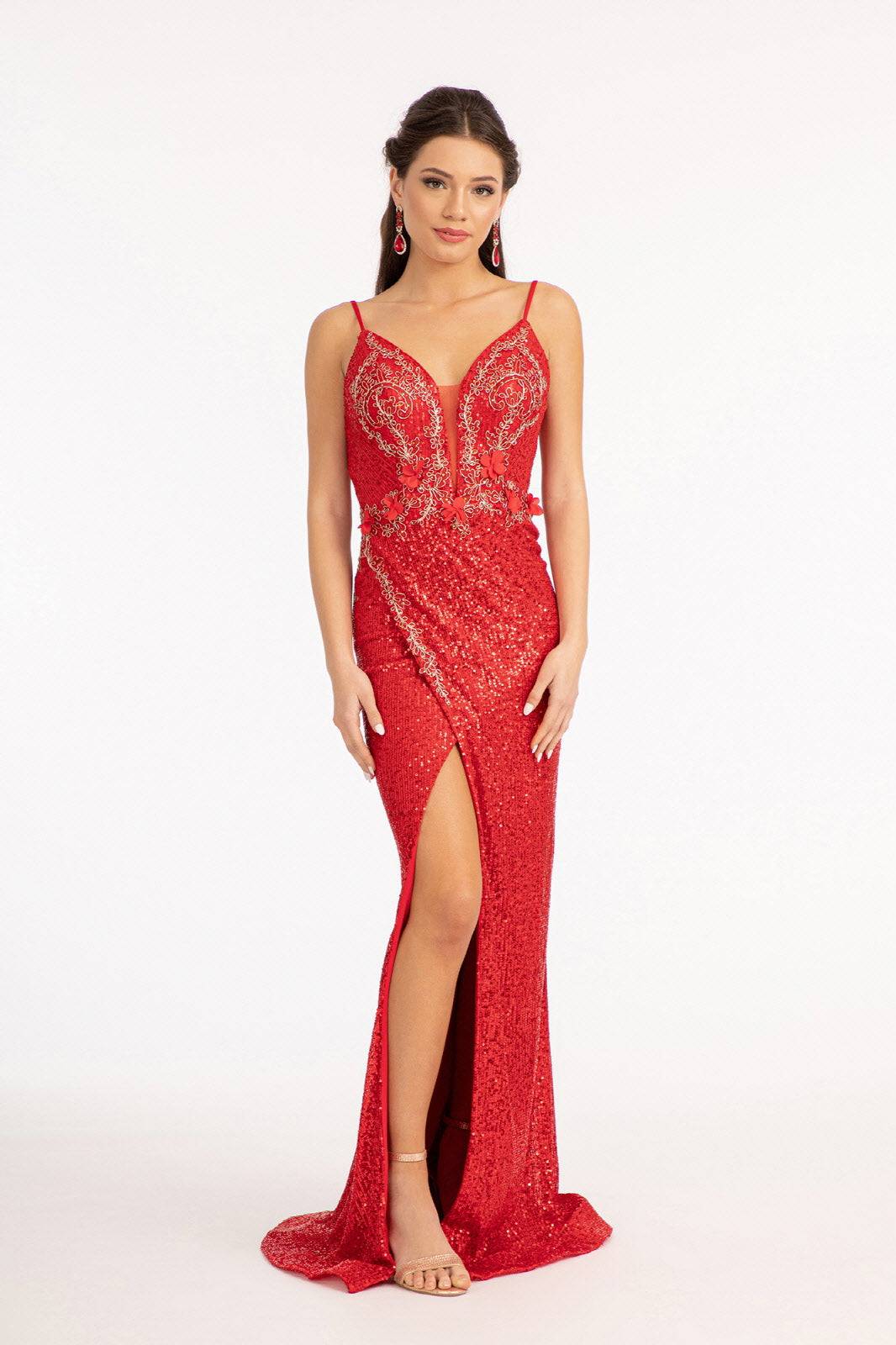 Sequin Embellished Illusion V-neck Mermaid w/ Open V-back Long Prom Dress GLGL3053-4