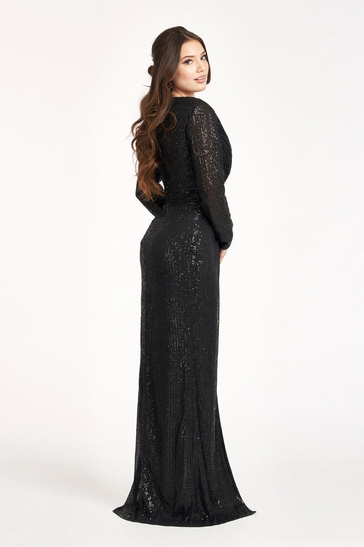 Gathered Waist Sequin Embellished Mermaid w/ Long Sleeves Long Prom Dress GLGL3063-2