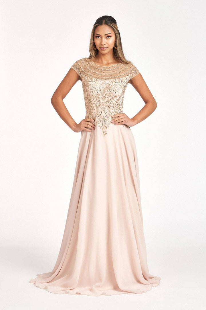 Beads Embellished Chiffon A-line w/ Cap Sleeves Long Mother Of The Bride Dress GLGL3065