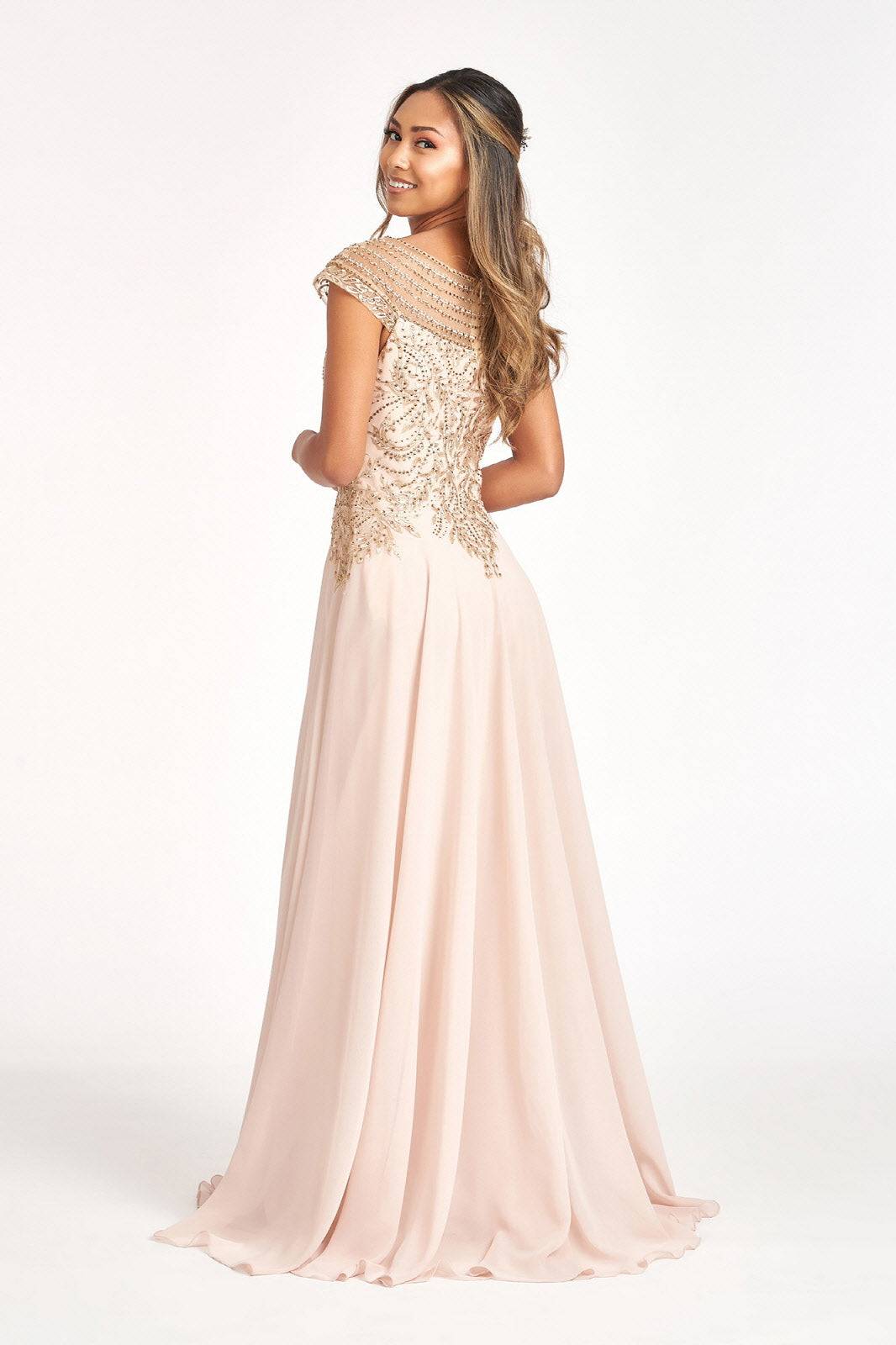 Beads Embellished Chiffon A-line w/ Cap Sleeves Long Mother Of The Bride Dress GLGL3065