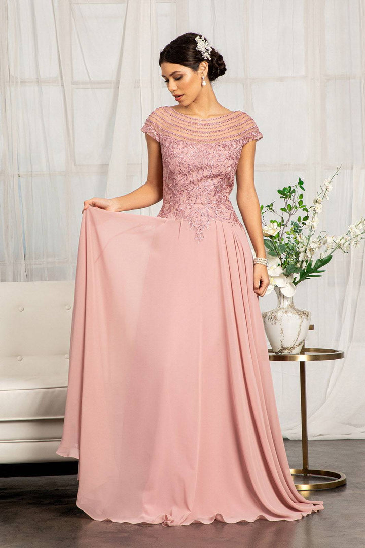 Beads Embellished Chiffon A-line w/ Cap Sleeves Long Mother Of The Bride Dress GLGL3065