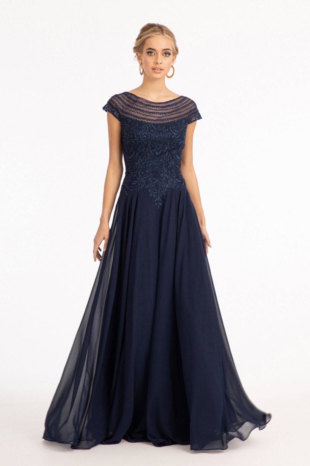 Beads Embellished Chiffon A-line w/ Cap Sleeves Long Mother Of The Bride Dress GLGL3065