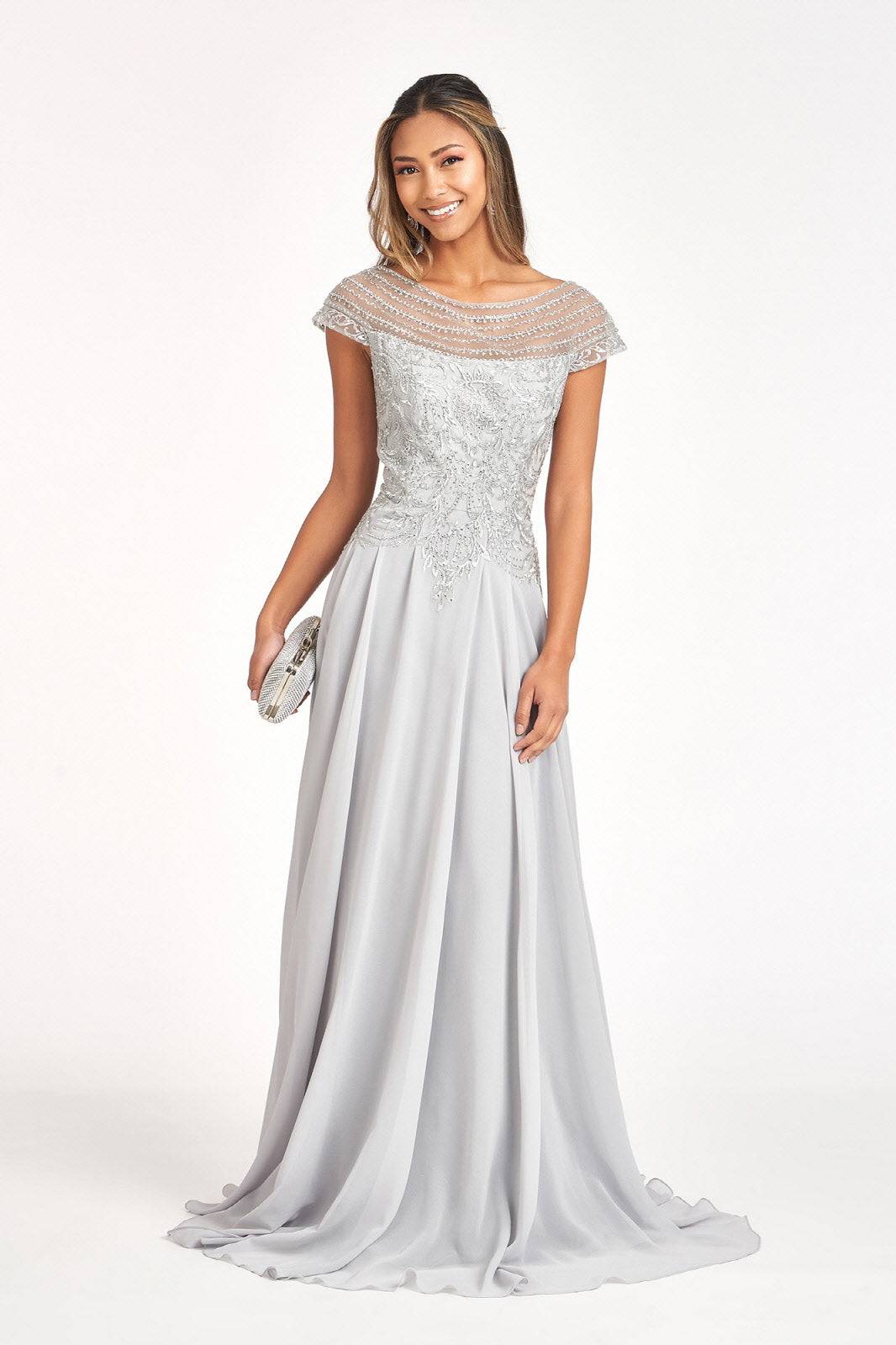 Beads Embellished Chiffon A-line w/ Cap Sleeves Long Mother Of The Bride Dress GLGL3065