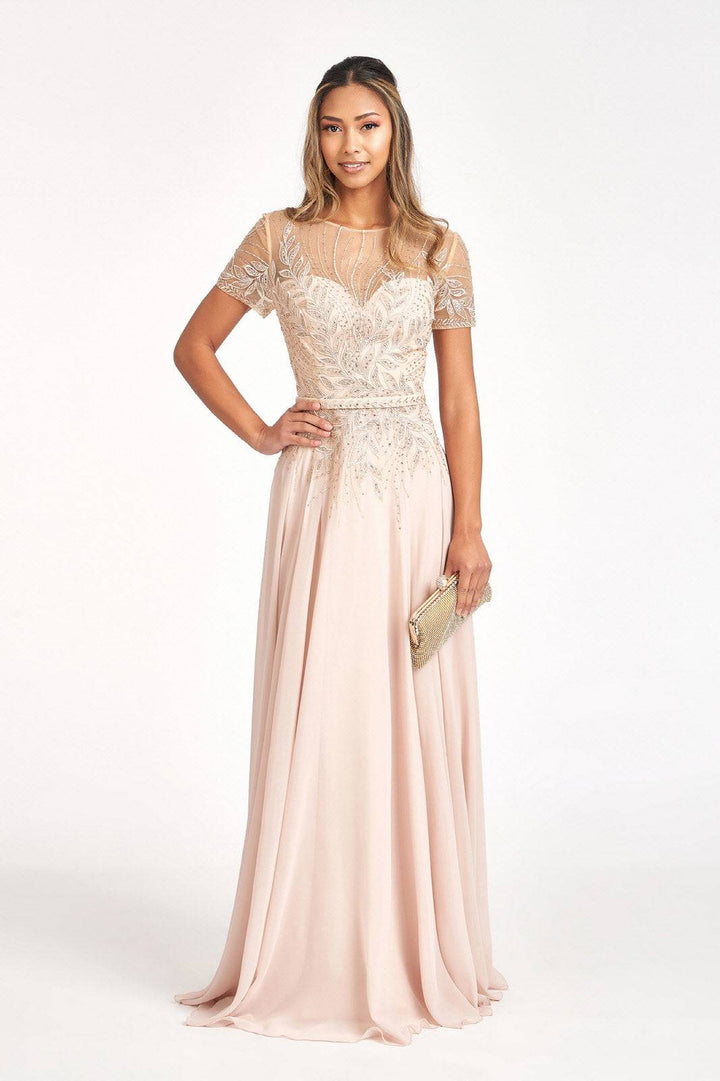 Embroidered Chiffon A-line Short Sleeves and Waistband Long Mother Of The Bride Dress GLGL3067