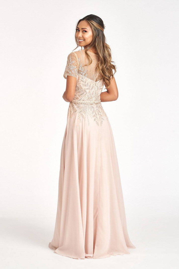 Embroidered Chiffon A-line Short Sleeves and Waistband Long Mother Of The Bride Dress GLGL3067