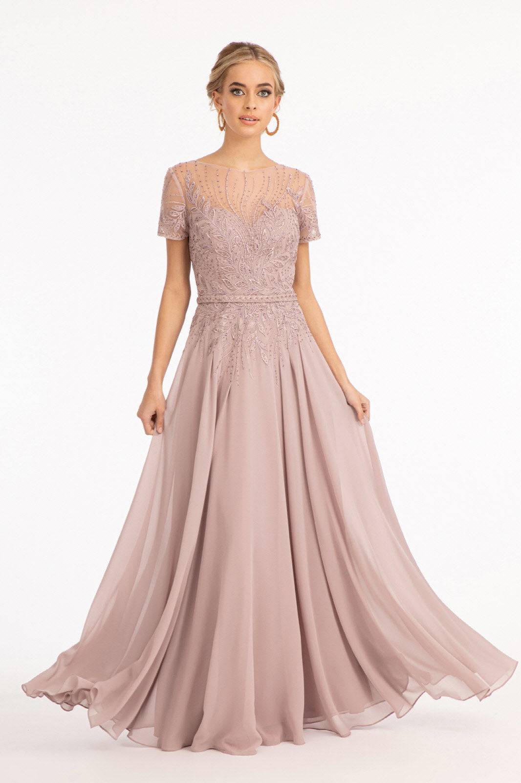 Embroidered Chiffon A-line Short Sleeves and Waistband Long Mother Of The Bride Dress GLGL3067