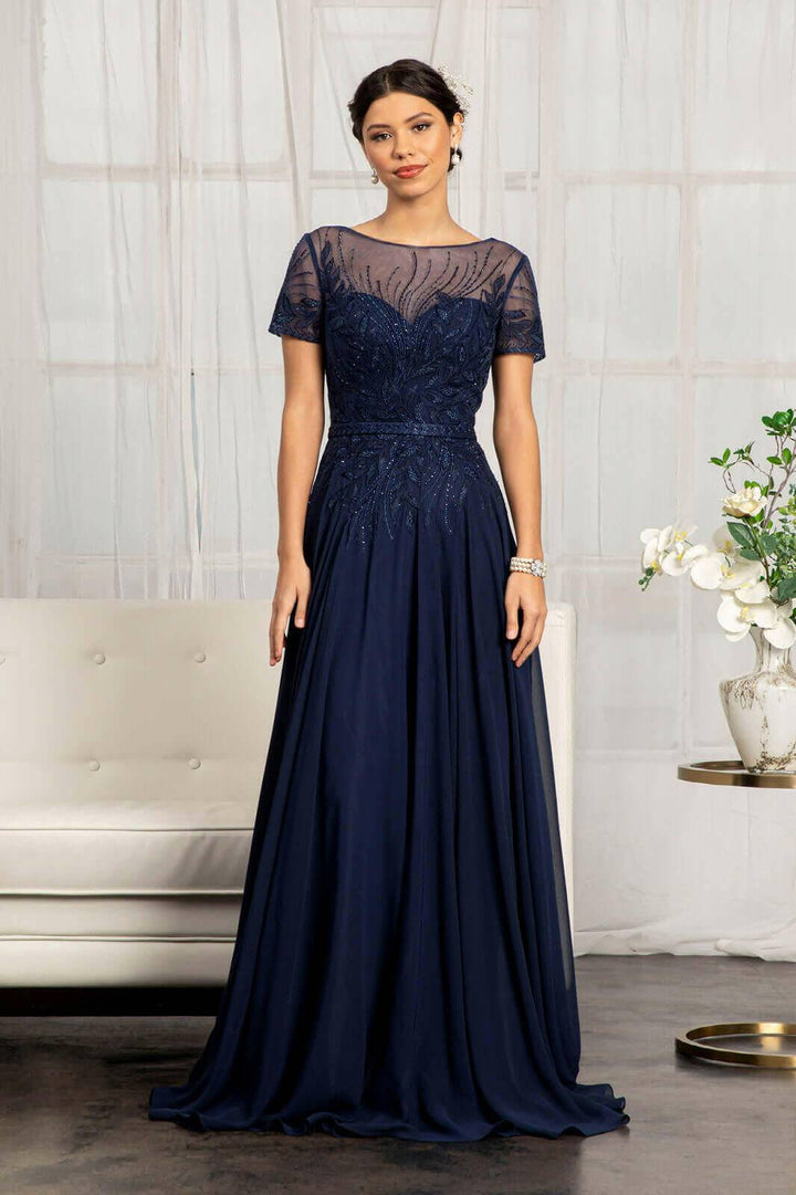 Embroidered Chiffon A-line Short Sleeves and Waistband Long Mother Of The Bride Dress GLGL3067 Sale-Shangri-La Fashion