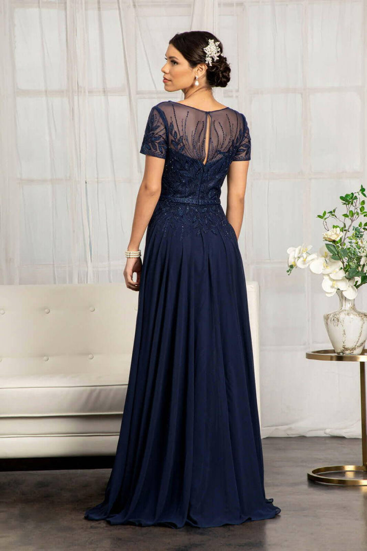 Embroidered Chiffon A-line Short Sleeves and Waistband Long Mother Of The Bride Dress GLGL3067 Sale-Shangri-La Fashion