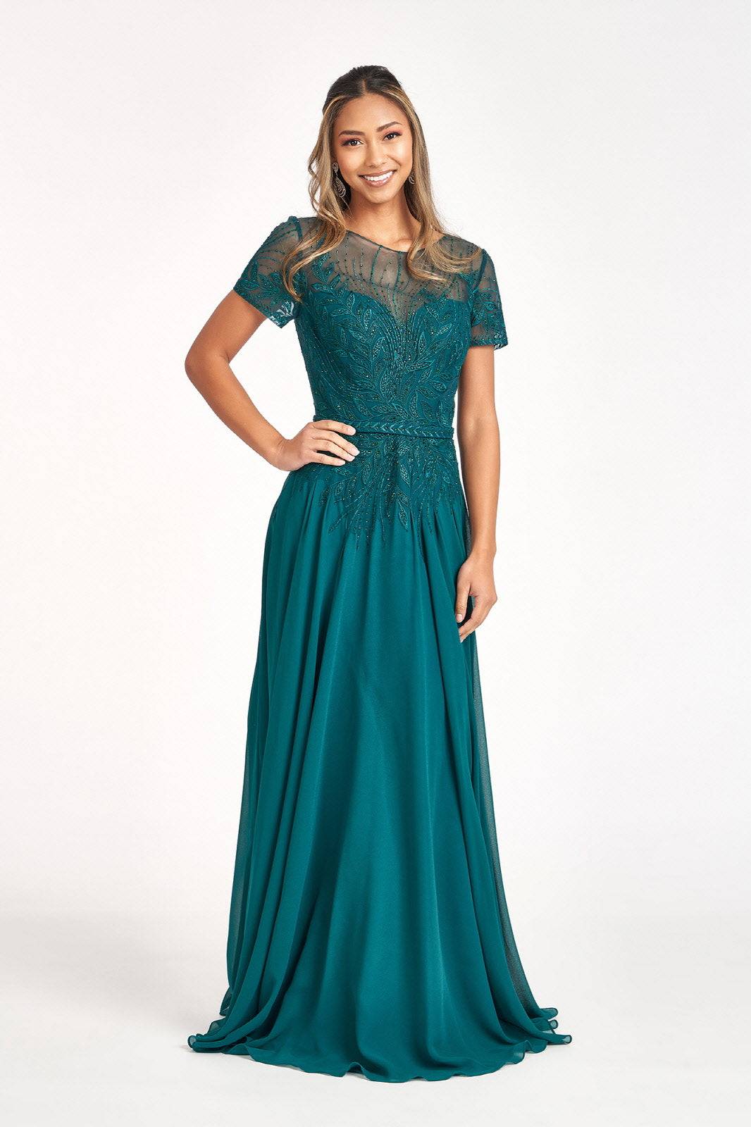 Embroidered Chiffon A-line Short Sleeves and Waistband Long Mother Of The Bride Dress GLGL3067