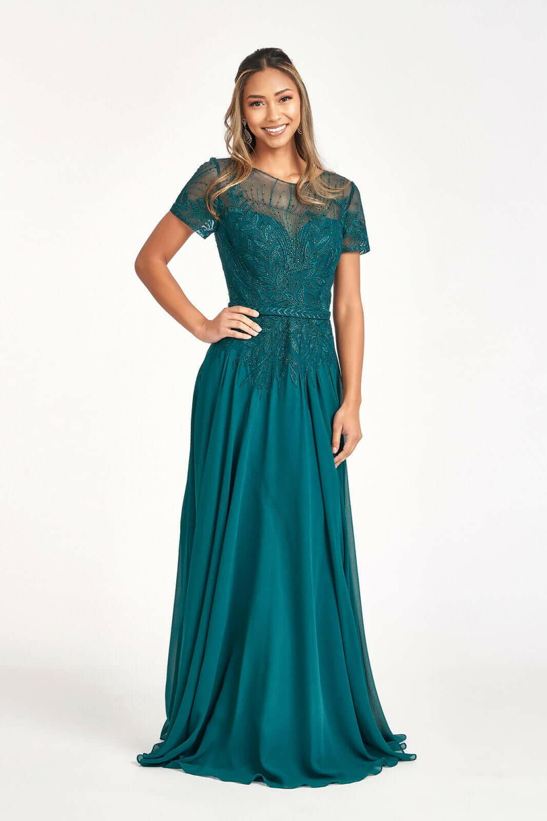 Embroidered Chiffon A-line Short Sleeves and Waistband Long Mother Of The Bride Dress GLGL3067 Sale-Shangri-La Fashion