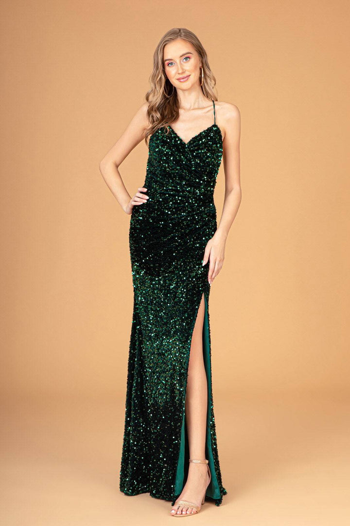 Halter Neck Velvet Sequin w/ Ruched Bodice Long Prom Dress GLGL3080-Shangri-La Fashion