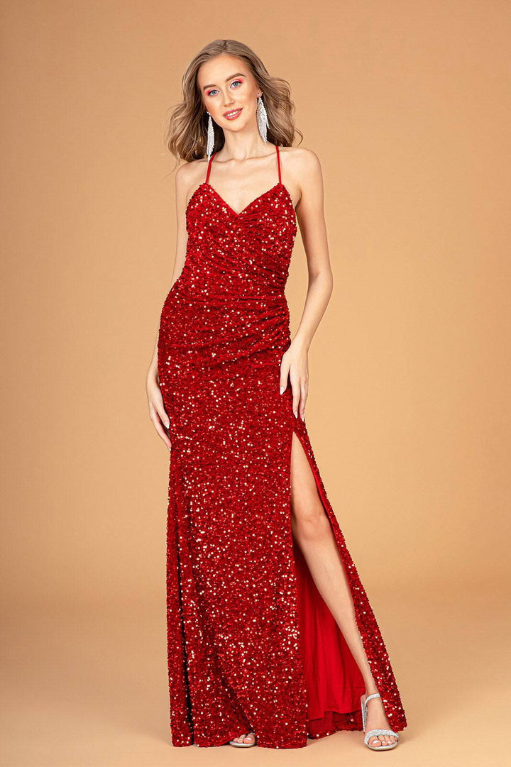 Halter Neck Velvet Sequin w/ Ruched Bodice Long Prom Dress GLGL3080-Shangri-La Fashion