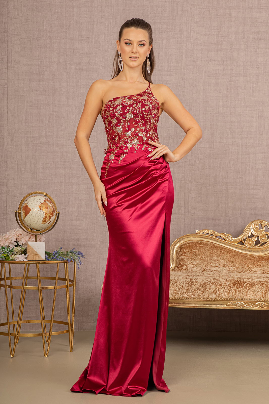 Strapless Sheer Bodice Glitter Satin Mermaid w/ Ruched Back Long Prom Dress GLGL3125-0