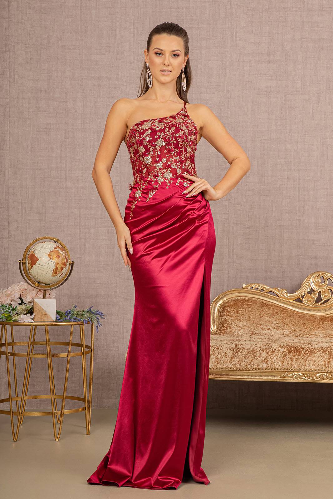 Strapless Sheer Bodice Glitter Satin Mermaid w/ Ruched Back Long Prom Dress GLGL3125