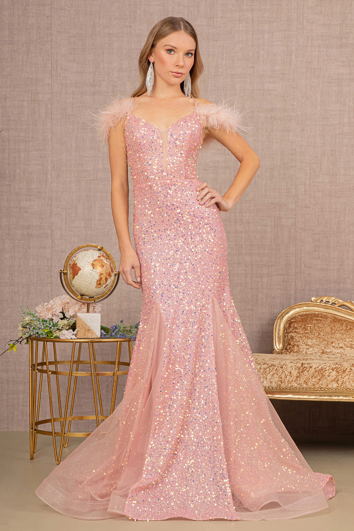 Sheer Bodice Sequin Glitter Trumpet w/ Feather on Straps Long Prom Dress GLGL3130-5