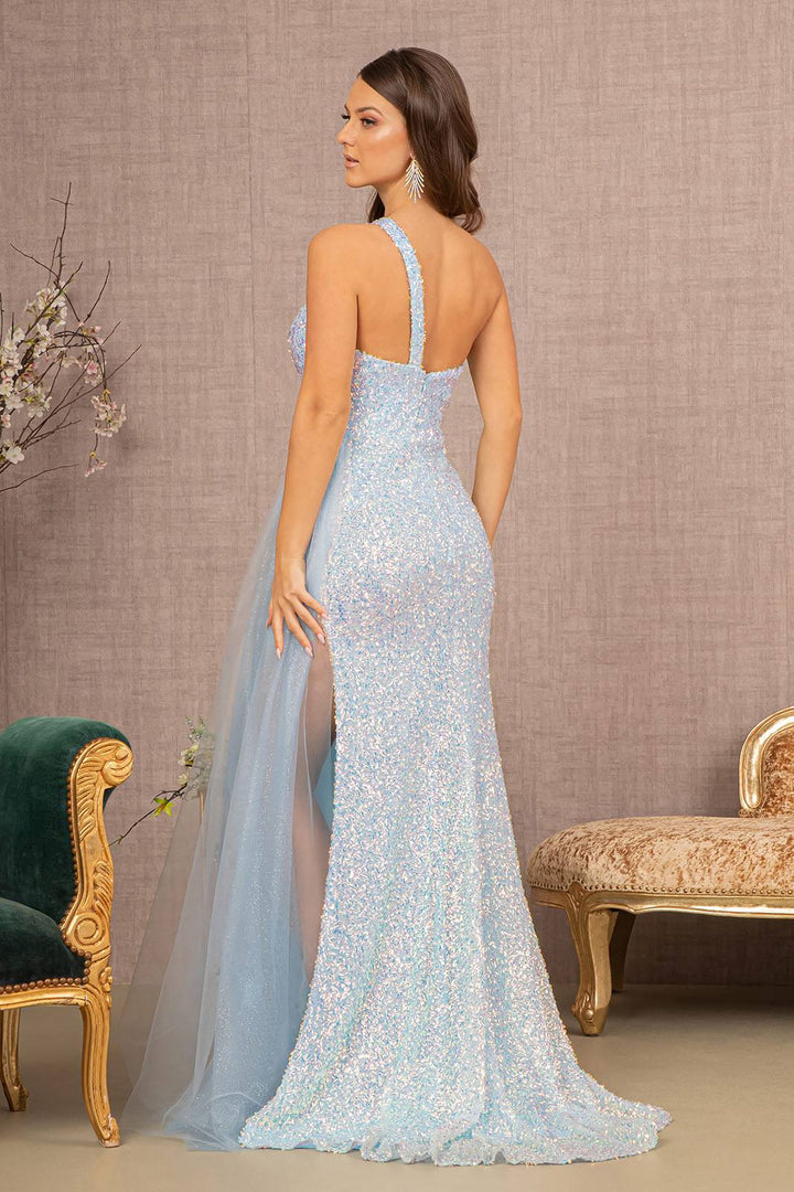 Sequin Glitter Asymmetric Mermaid w/ Long Waist Mesh Layer Long Prom Dress GLGL3133-Shangri-La Fashion