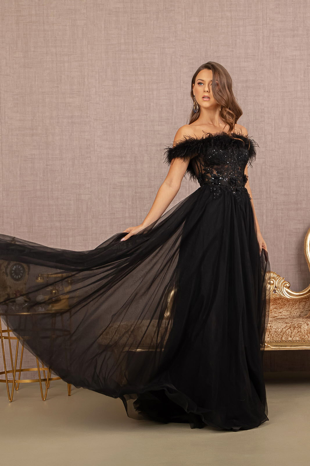 Embroidery Sheer Front Mesh A-line w/ Feather Embellishment Long Prom Dress&nbsp; GLGL3138-2