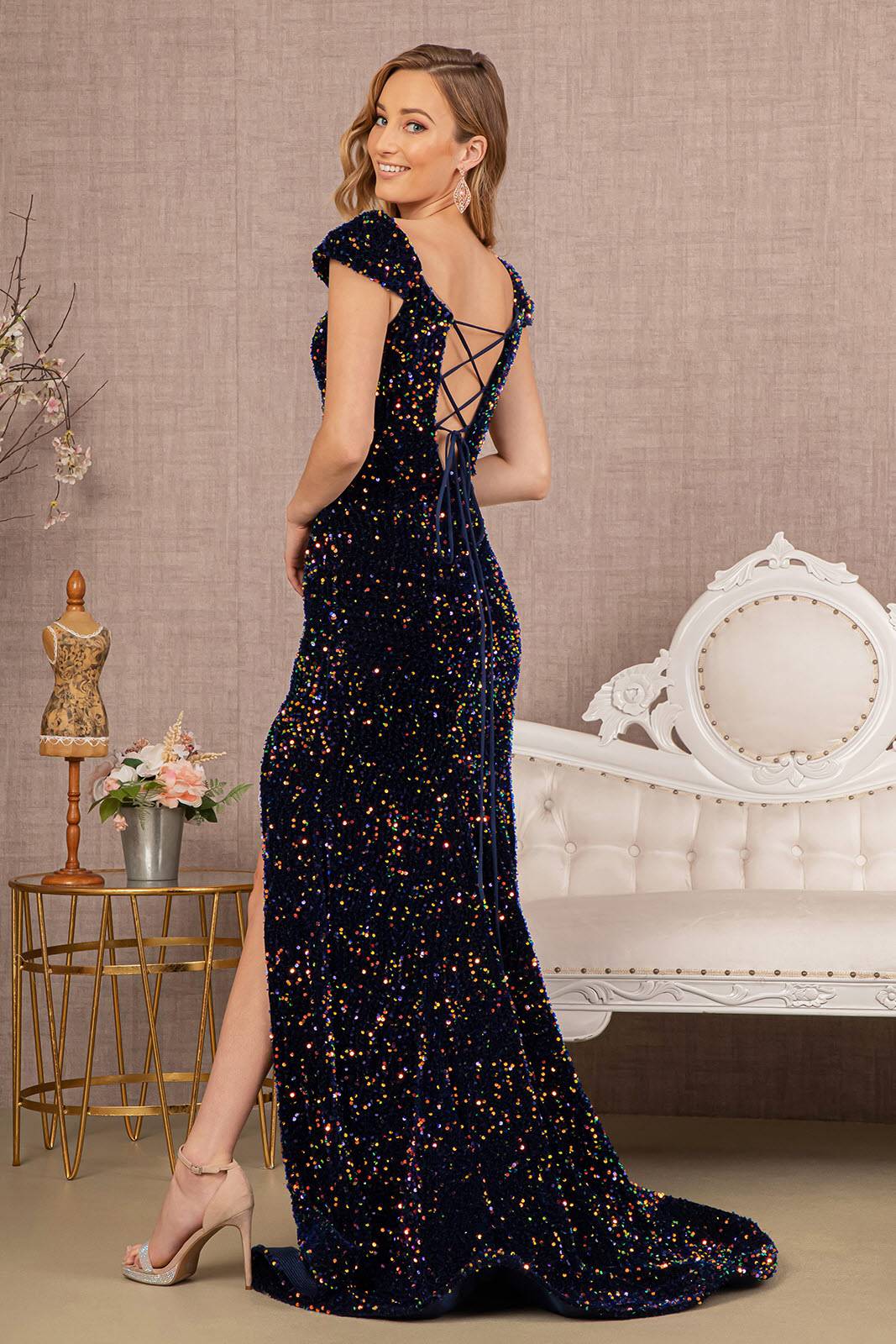 Sequin Off Shoulder Lace-up Back Velvet Mermaid Long Prom Dress GLGL3148-Shangri-La Fashion