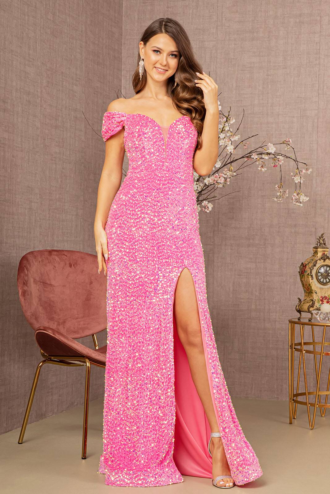 Sequin Off Shoulder Lace-up Back Velvet Mermaid Long Prom Dress GLGL3148-Shangri-La Fashion