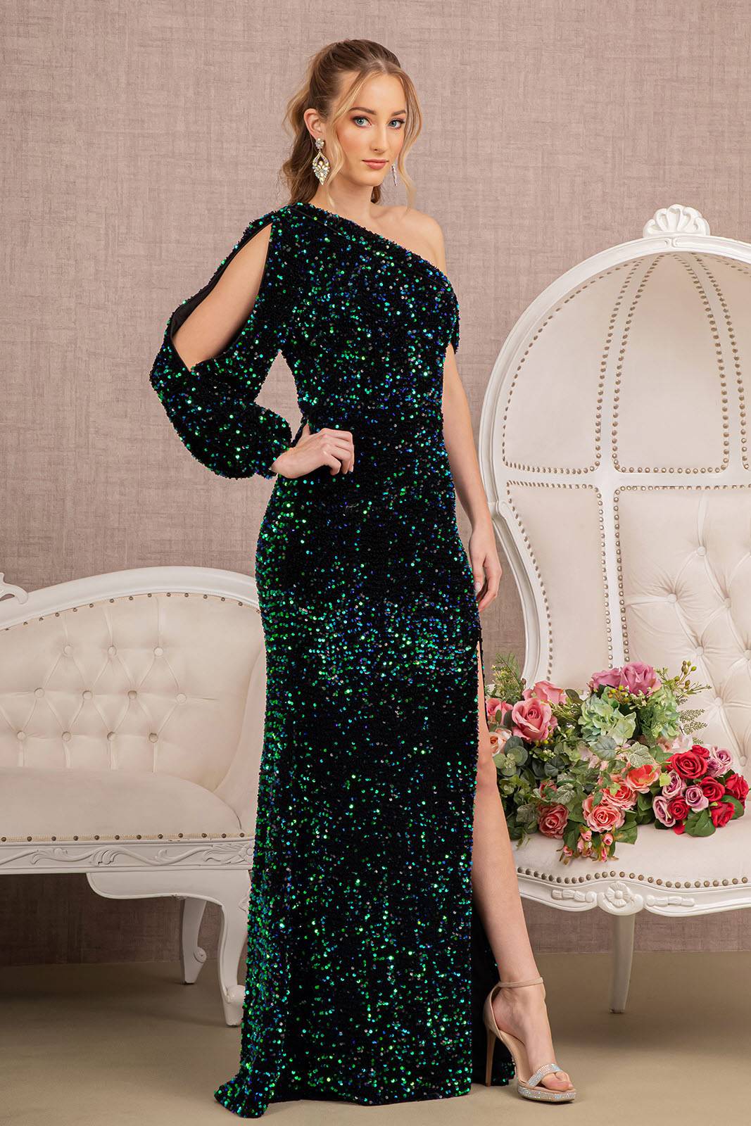 Sequin Asymmetric Velvet Mermaid w/ One Long Puff Sleeve Long Prom Dress GLGL3159