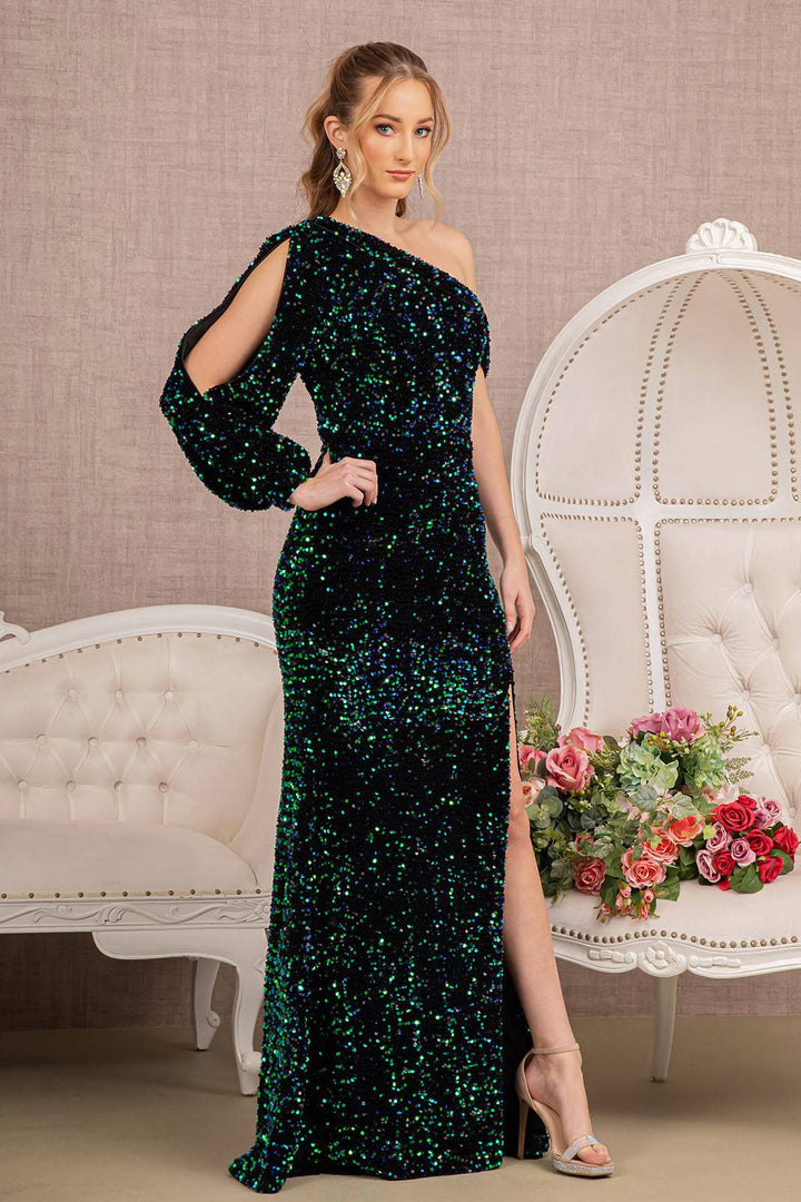 Sequin Asymmetric Velvet Mermaid w/ One Long Puff Sleeve Long Prom Dress GLGL3159