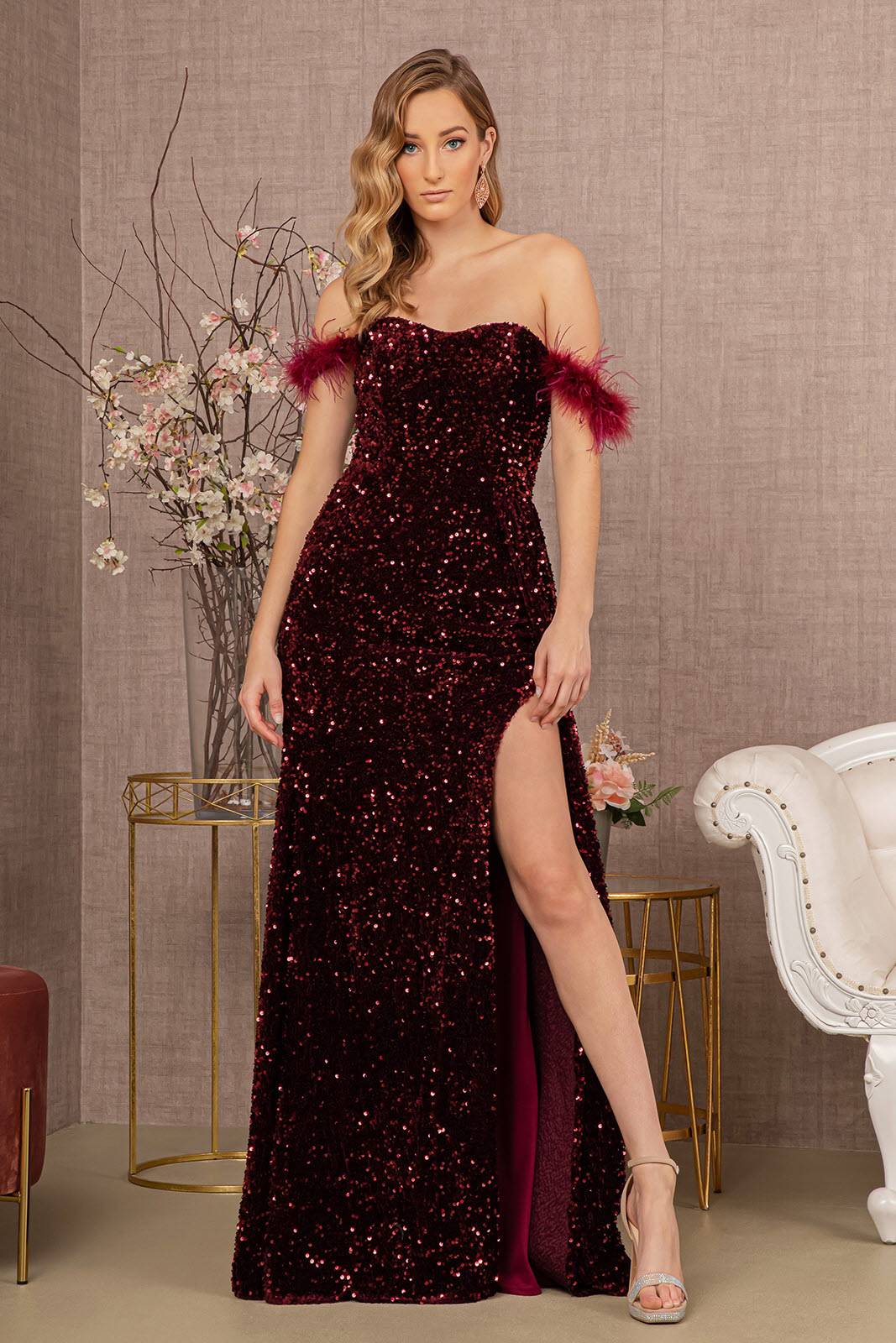 Feather Sequin Velvet Mermaid w/ Velvet Side Waist Layer Long Prom Dress GLGL3163