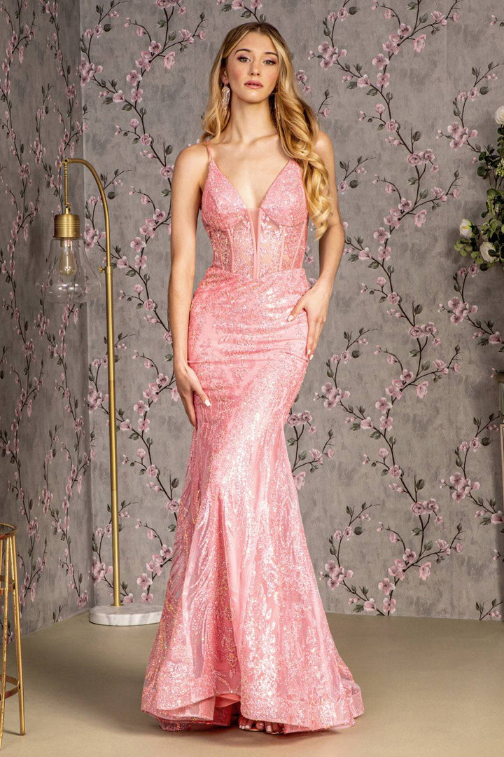 Glitter Sequin Sheer Corset Bodice Mesh Mermaid Long Evening Dress GLGL3201