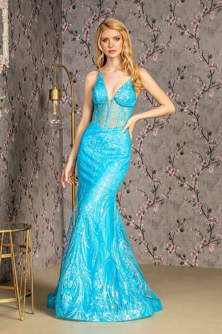 Glitter Sequin Sheer Corset Bodice Mesh Mermaid Long Evening Dress GLGL3201