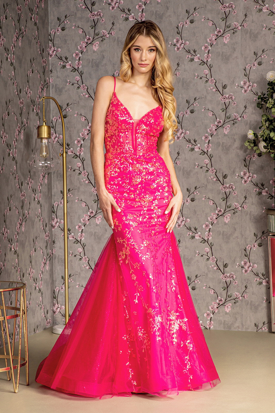 Glitter Sequin Sheer Bodice Mesh Trumpet Long Prom Dress GLGL3220-0