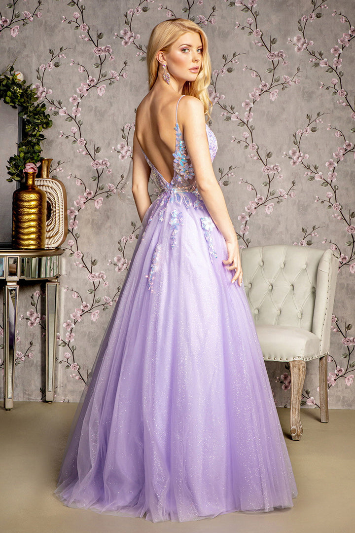 Sequin Glitter Sheer Bodice V-back Mesh A-line Long Prom Dress GLGL3226-1