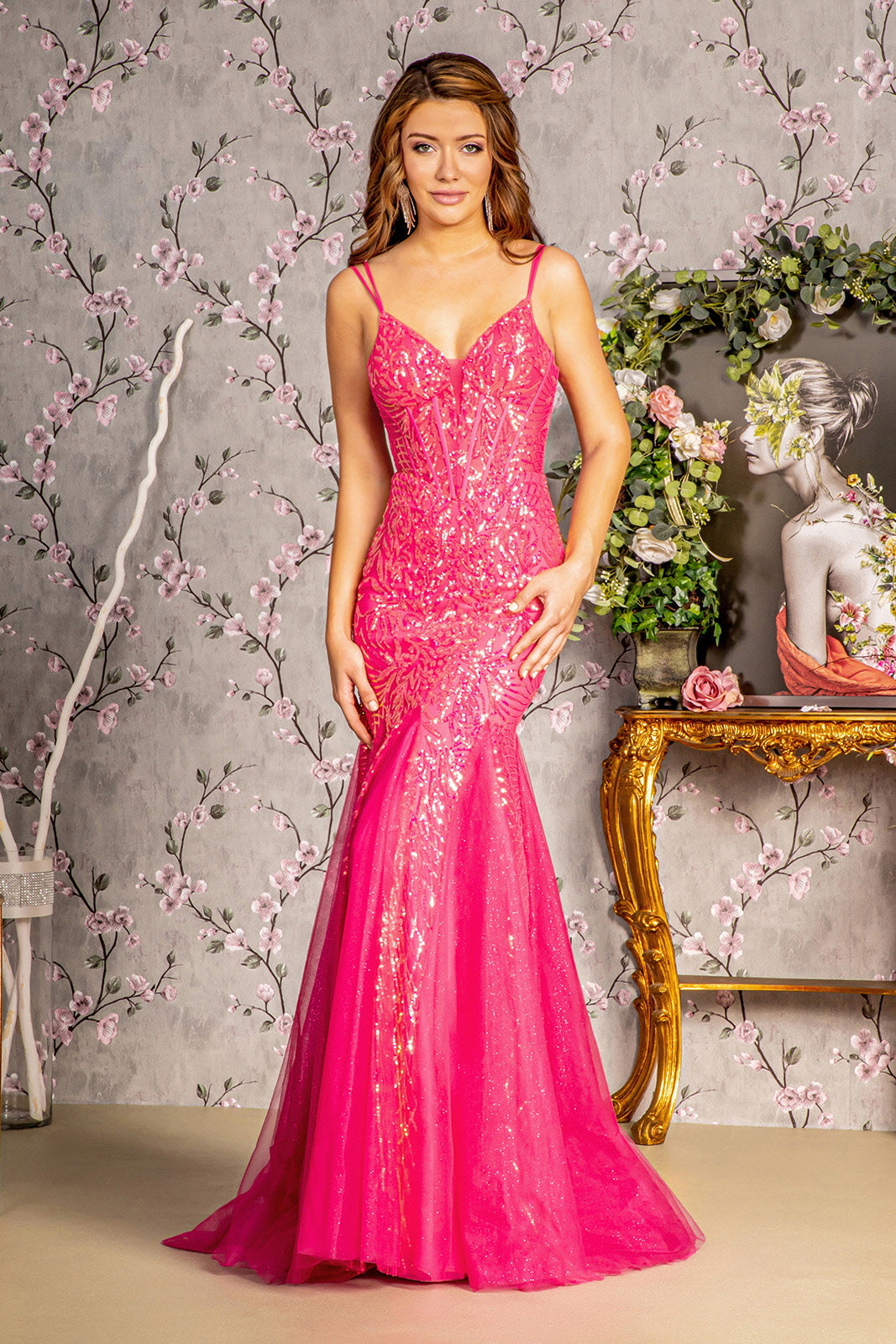 Sequin Illusion Sweetheart Sheer Bodice Mesh Mermaid Long Prom Dress GLGL3228-0