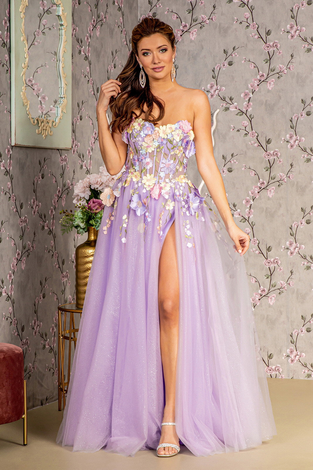 3D Flower Glitter Mesh A-line Long Sleeves Long Prom Dress GLGL3233-1