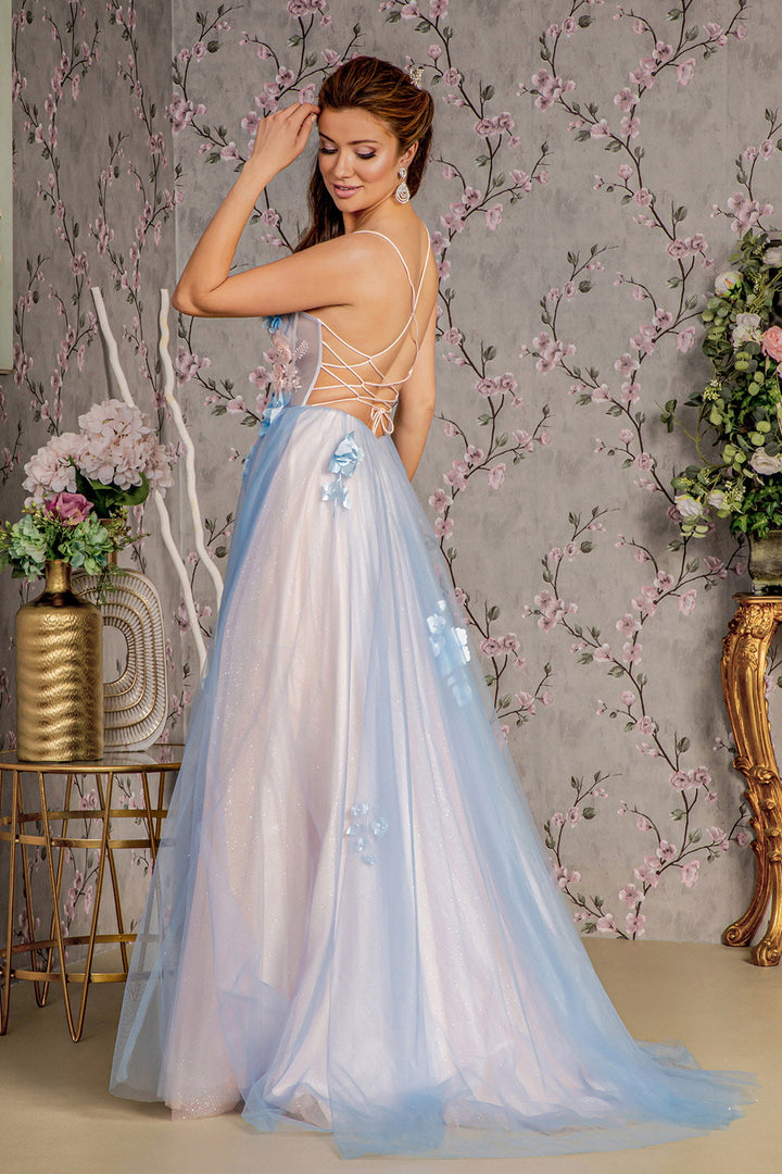 3D Flower Sheer Bodice Cut-out Back Mesh A-line Long Prom Dress GLGL3250-1