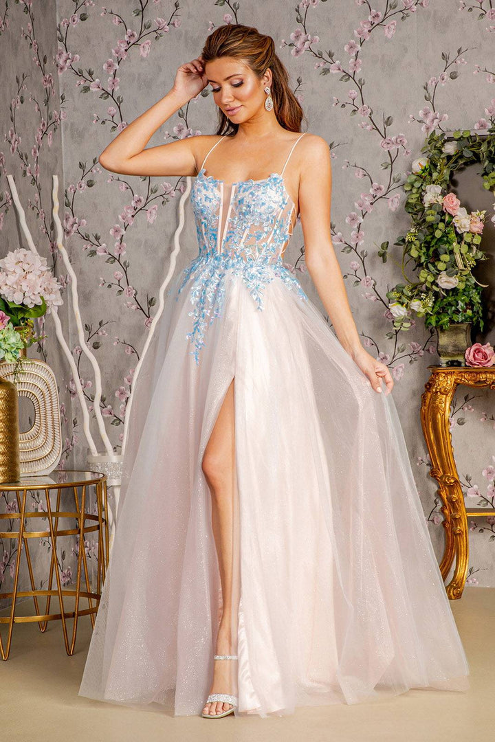 Glitter Sequin Sheer Corset Bodice Mesh A-line Long Prom Dress GLGL3251