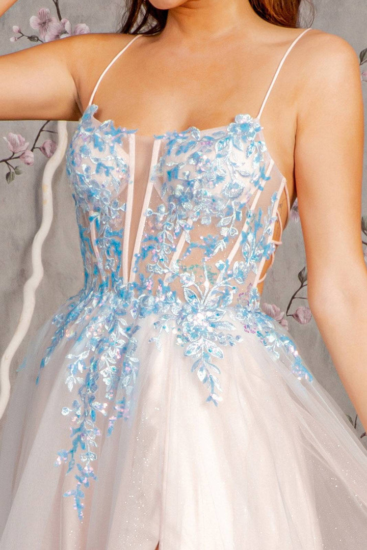 Glitter Sequin Sheer Corset Bodice Mesh A-line Long Prom Dress GLGL3251