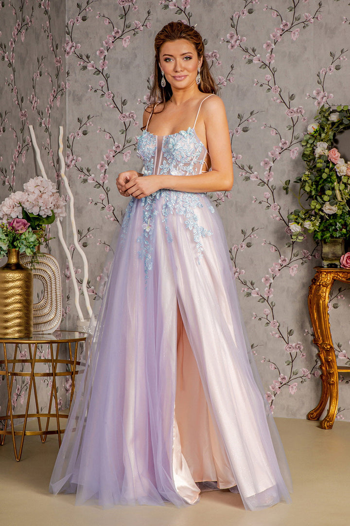 3D Butterfly Sheer Bodice Cut-out Back Mesh A-line Long Prom Dress GLGL3252-0