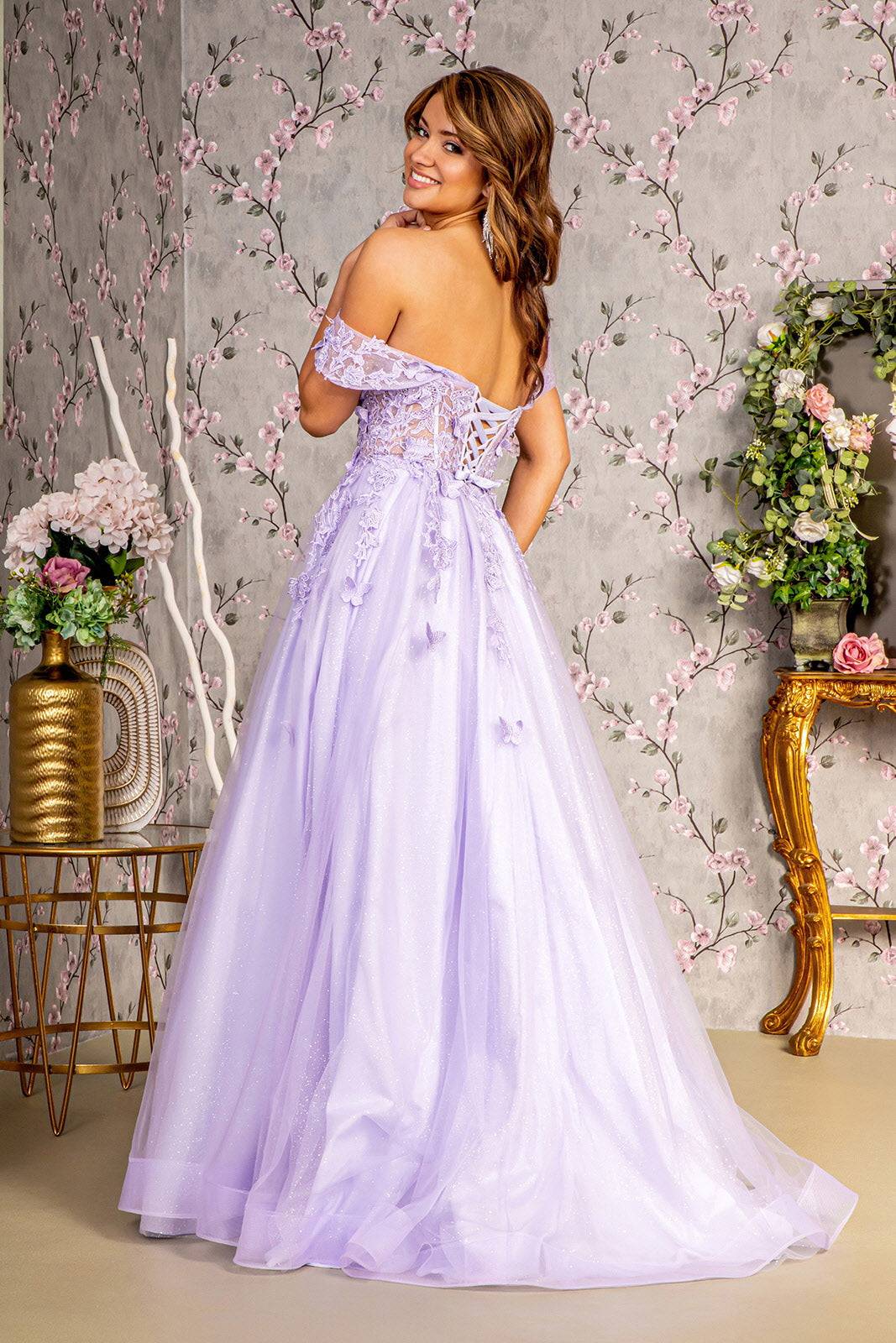 3D Butterfly Bead Sheer Bodice Mesh A-line Long Prom Dress GLGL3296