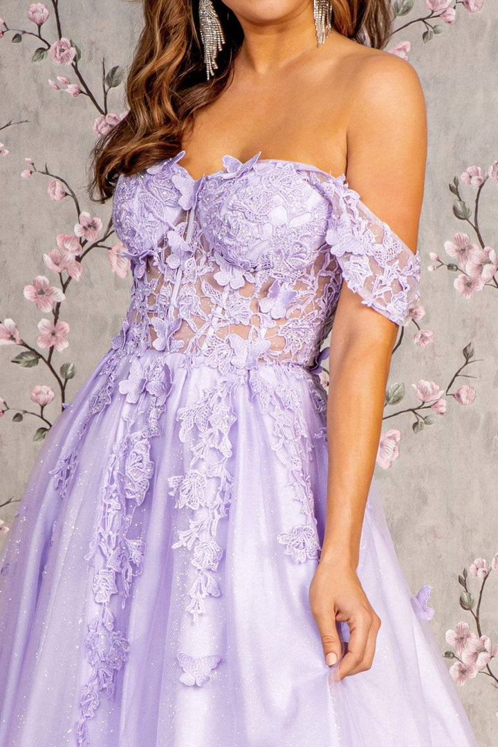 3D Butterfly Bead Sheer Bodice Mesh A-line Long Prom Dress GLGL3296