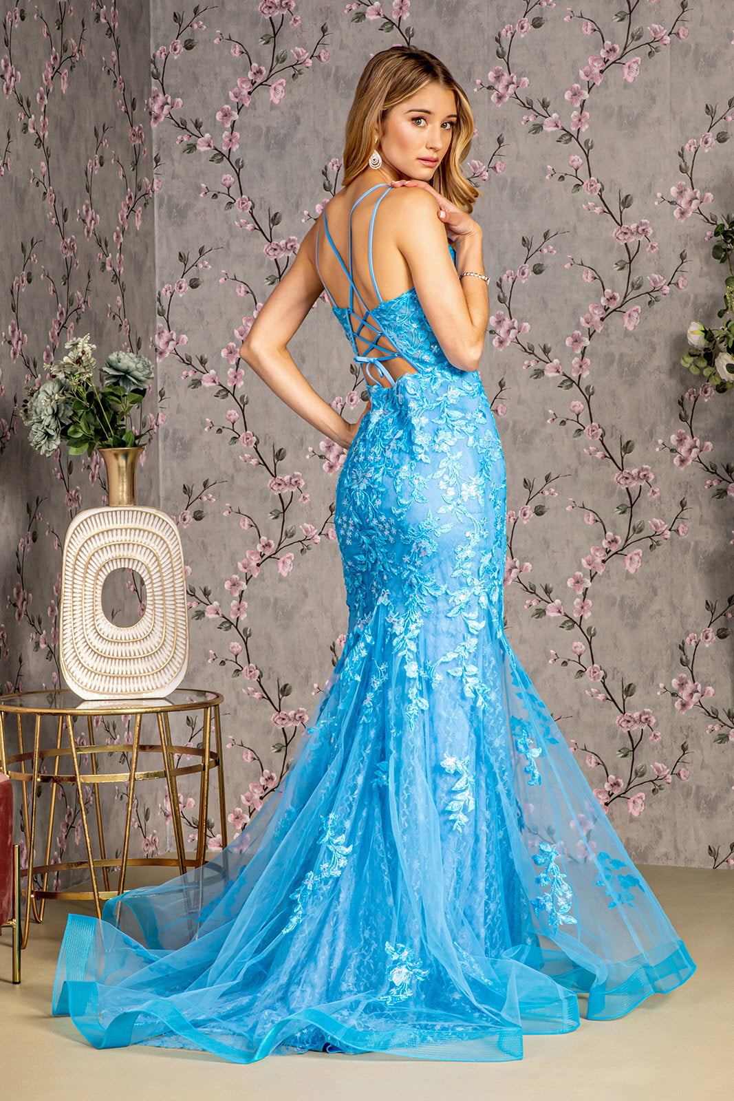 Floral Embroidery Sequin Sheer Bodice Mesh Mermaid Long Prom Dress GLGL3333-3