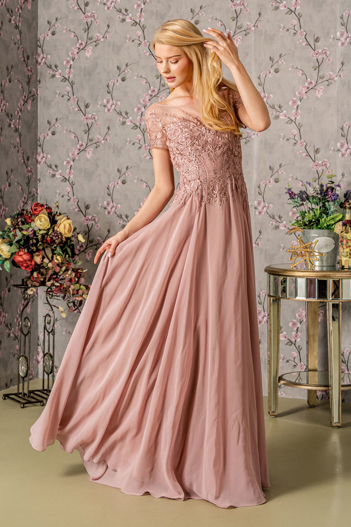 Bead Embroidery Sheer Neckline Chiffon A-line Long Mother Of The Bride Dress GLGL3362-5