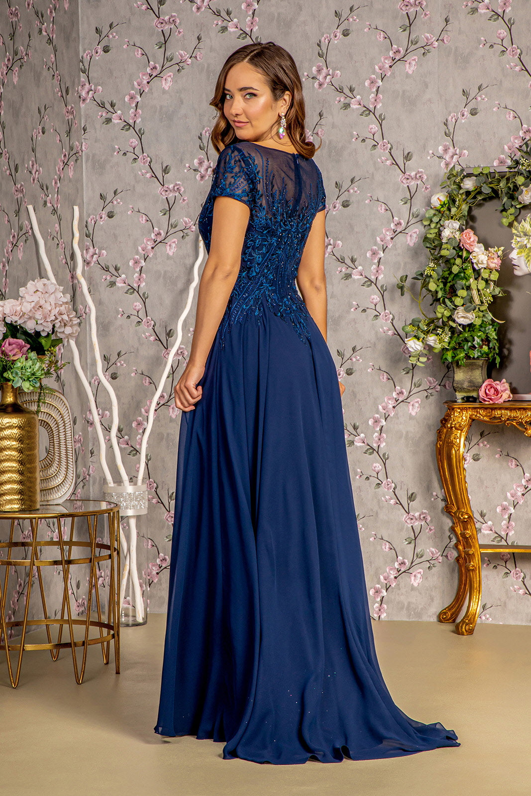 Bead Embroidery Sheer Neckline Chiffon A-line Long Mother Of The Bride Dress GLGL3362-1