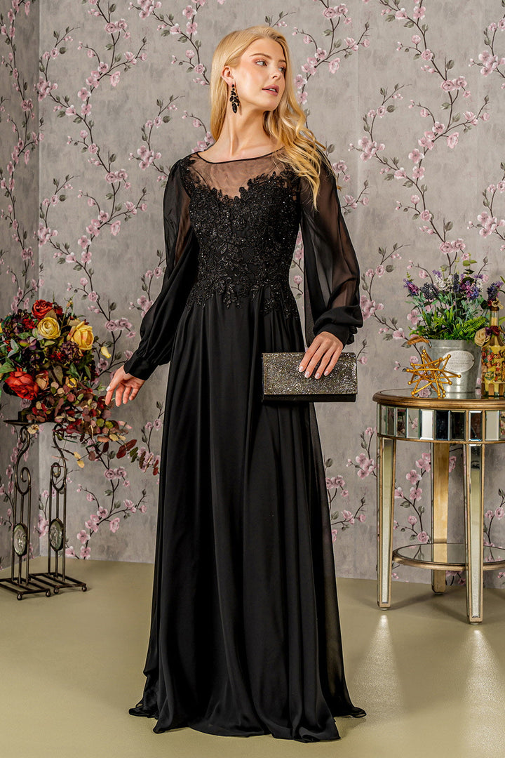 Floral Embroidery Sheer Boat Neckline Chiffon A-line Long Mother Of The Bride Dress GLGL3363-5