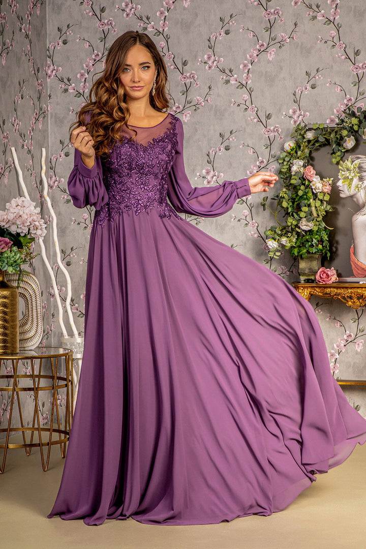 Floral Embroidery Sheer Boat Neckline Chiffon A-line Long Mother Of The Bride Dress GLGL3363-0