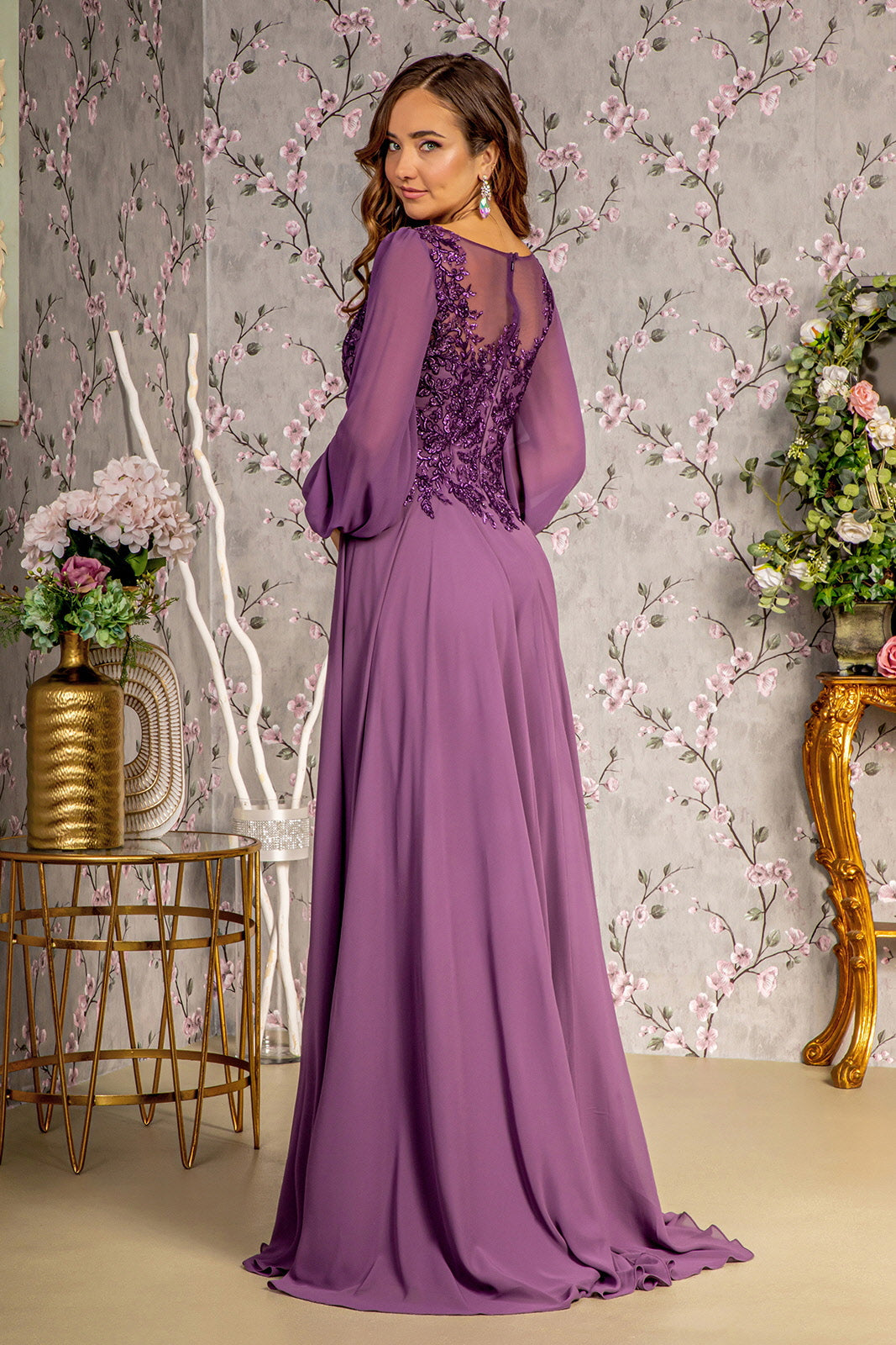 Floral Embroidery Sheer Boat Neckline Chiffon A-line Long Mother Of The Bride Dress GLGL3363-1