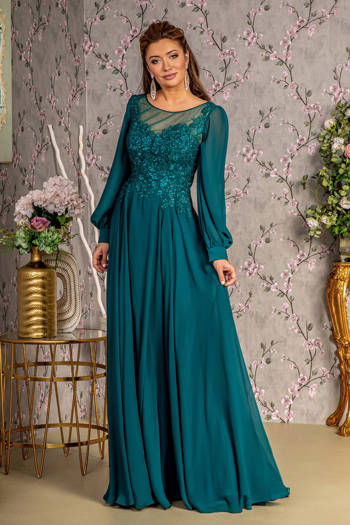 Floral Embroidery Sheer Boat Neckline Chiffon A-line Long Mother Of The Bride Dress GLGL3363-4