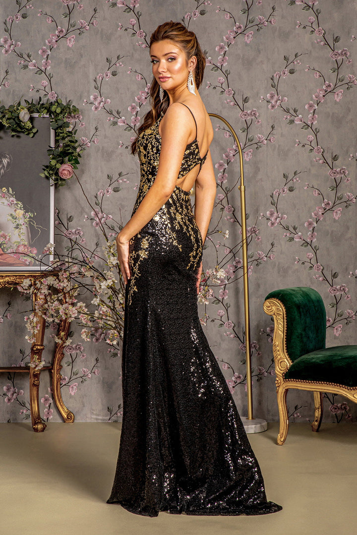 Metallic Sequin Glitter Mesh Mermaid Side Slit Long Prom Dress GLGL3370-1